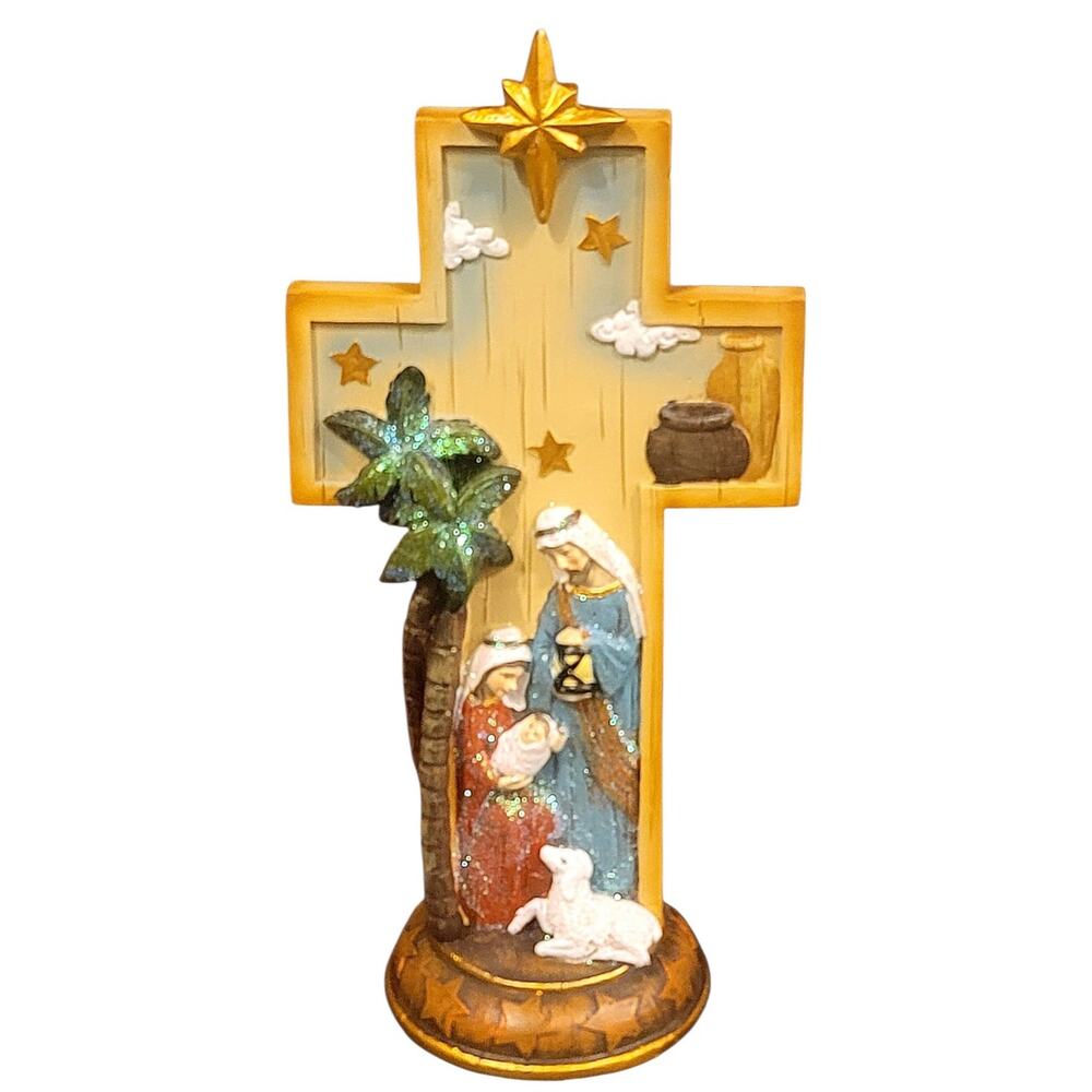 Beautiful Nativity Scene Cross Tabletop Figurine Christmas Decor 12.25" Tall CB
